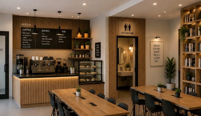 Warm cafe interior with wood, plants and soft lighting
