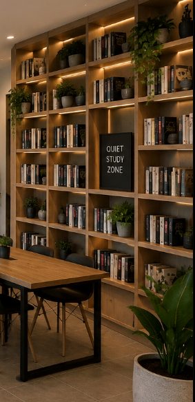 Warm library reading room lined with bookshelves